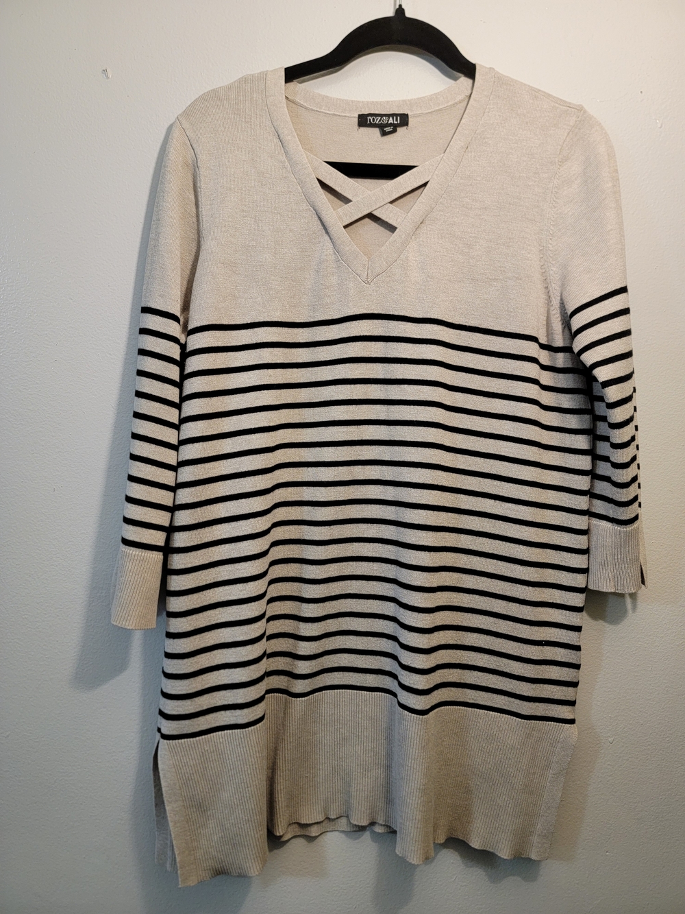 Roz & Ali Cream Sweater with Black Stripes and V-Neck Detail